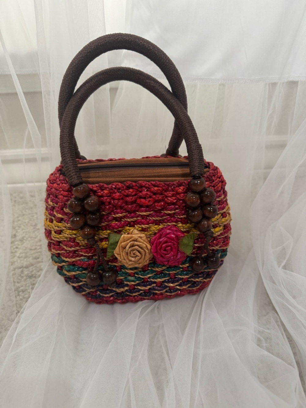 Handwoven Multicolor Straw Tote with Floral Accents